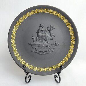 Wedgwood Vintage Black Jasperware Mother Plate 6" England Gold Laurel Border